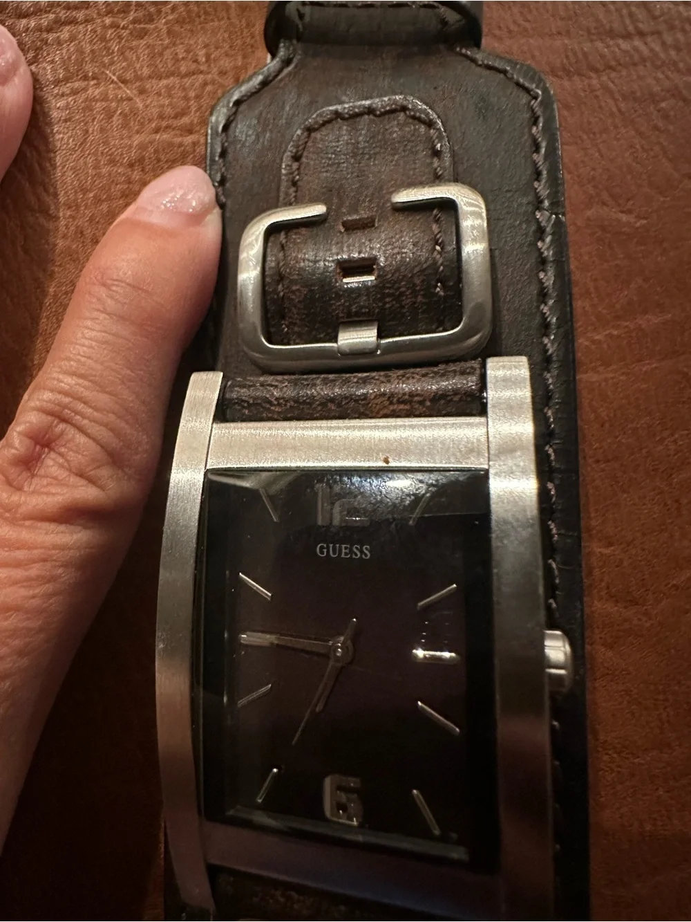 Guess Men's Wide Geniune Leather Strap Watch in Brown and Black